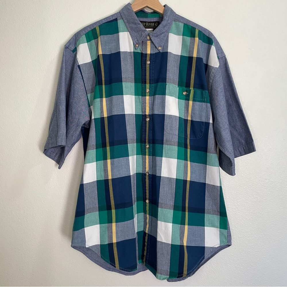 Vintage Deep River Trading Company Plaid Front Short Sleeve Button Down Shirt